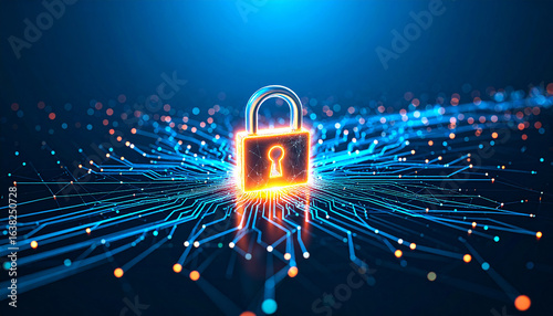 Digital Fortress: A radiant padlock, representing data security, is illuminated at the heart of a complex digital network, embodying cyber protection and safety in the realm of technology. 
