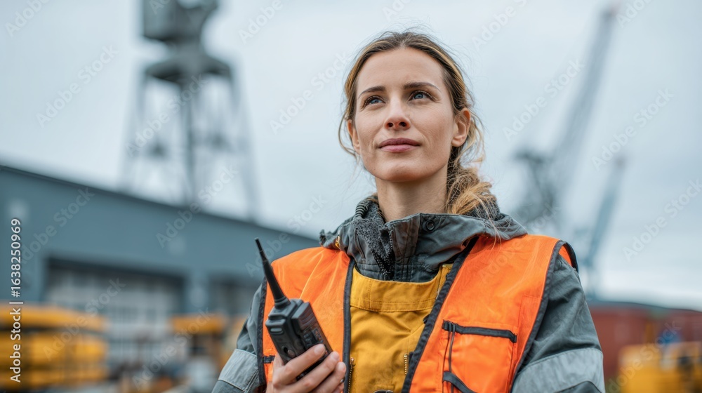 Obraz premium A confident woman in a safety vest uses a radio at a busy industrial site, showcasing teamwork and communication.