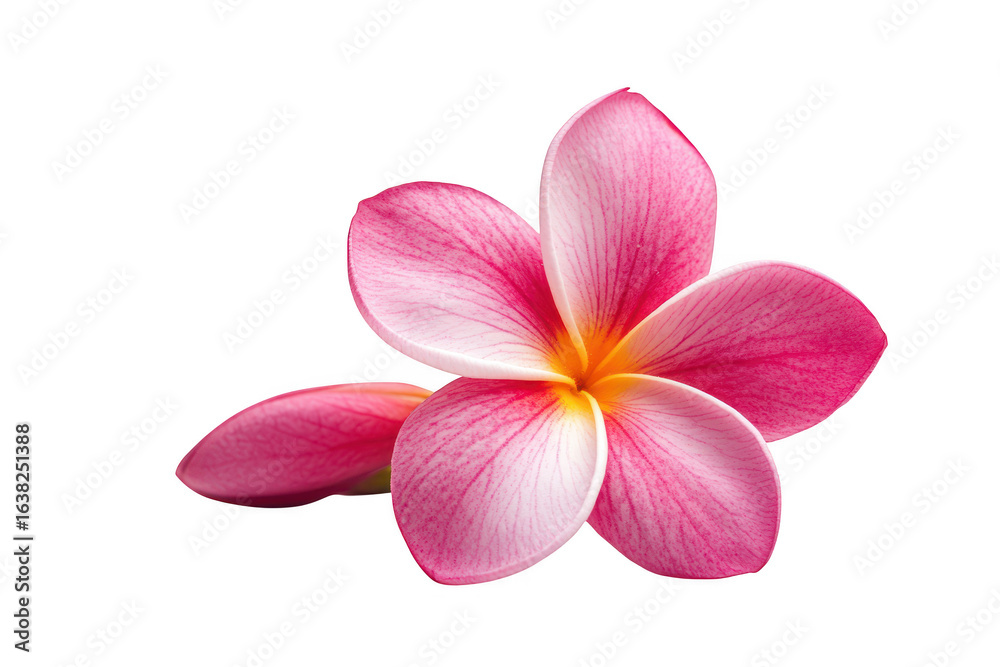 A delicate pink plumeria flower with vibrant yellow center isolated on transparent background A delicate pink plumeria flower with vibrant yellow center isolated on transparent background