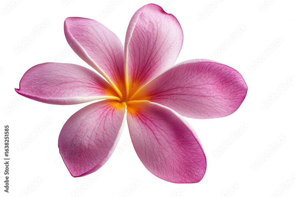 Delicate pink plumeria flower with vibrant yellow center isolated on transparent background Delicate pink plumeria flower with vibrant yellow center isolated on transparent background