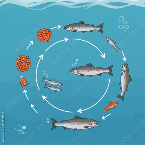 Salmon Life Cycle Vector Illustration Showing Stages From Egg To Spawning Adult, Minimal Flat Design With Clean Arrows, Blue Water Theme