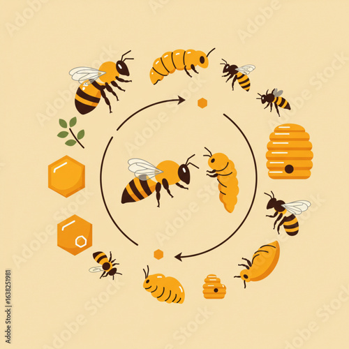 Honeybee Life Cycle Vector Illustration Featuring Egg, Larva, Pupa, And Adult Bee With Hive And Honeycomb Elements In Warm Yellow And Brown Tones