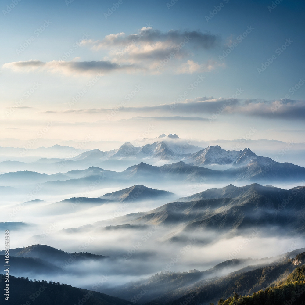 Fototapeta premium Stunning mountain range shrouded in mist, perfect for travel inspiration