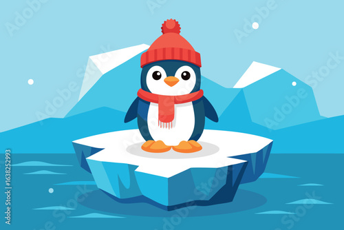 A cute cartoon penguin wearing a hat and scarf standing on an iceberg