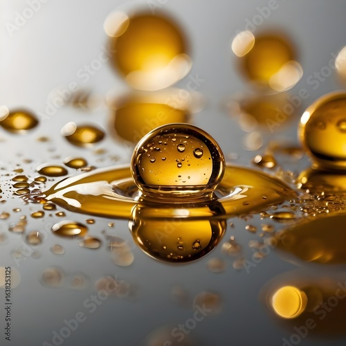 Macro photography of golden liquid droplets on a smooth reflective surface, warm lighting, luxurious aesthetic, no people,Generative Ai
