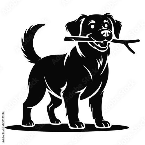 Black dog holding a stick in its mouth vector