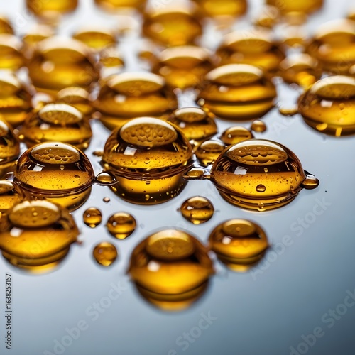 Macro photography of golden liquid droplets on a smooth reflective surface, warm lighting, luxurious aesthetic, no people,Generative Ai
