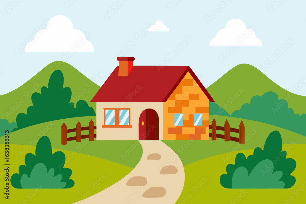 Naklejka premium Vector illustration of a village with a church and houses in a mountain landscape under a summer sky