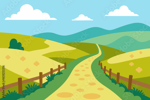 Vector summer landscape of green hills and a blue sky with a river, trees, and mountains in the distance
