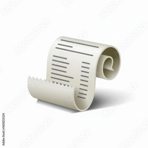 3d rendered icon of a curled white receipt with gray lines and serrated edge paper