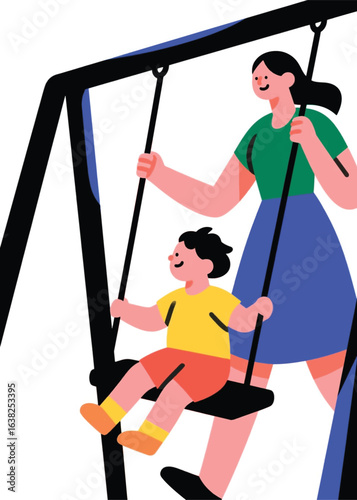 mother playing on a swing with her child Illustrator Artwork design template poster