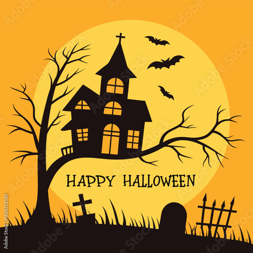 Spooky Halloween illustration with haunted house bats and graveyard under a full moon vector