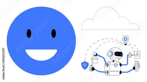 Blue smiling face next to a multitasking AI robot connected to cloud tools, ideas, shield. Ideal for technology, AI assistance, automation, cybersecurity, cloud services, innovation efficiency