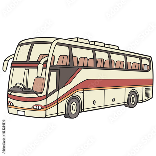 Cream colored passenger bus with red stripe vehicle