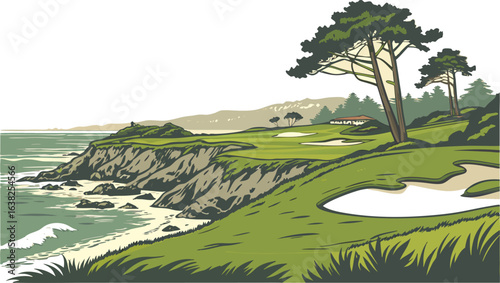 Scenic golf course view featuring coastal cliffs, green fairways, and tall trees on a sunny day landscape