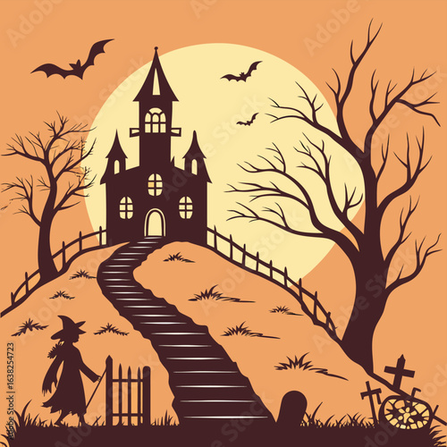 Spooky Halloween scene with haunted house and witch silhouette on a hill under a full moon vector