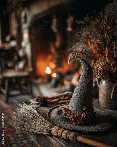 Witch's Hat and Broom by the Fireplace