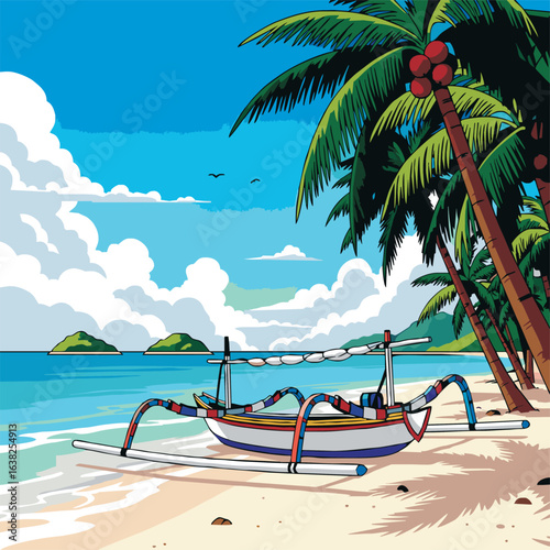 09082025_Tropical Beach with a Traditional Boat
An illustration of a bright and peaceful tropical beach scene. Tall coconut trees stand on the right side, casting shadows on the sand
