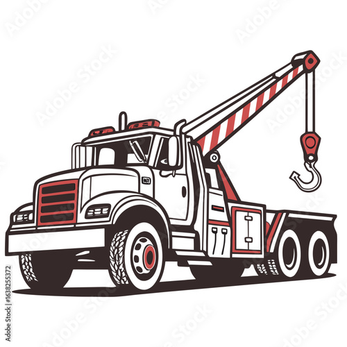 Heavy duty tow truck with red accents and hook crane