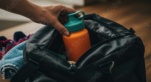 A hand reaching into a black gym bag, placing an orange water bottle inside.  Close-up view