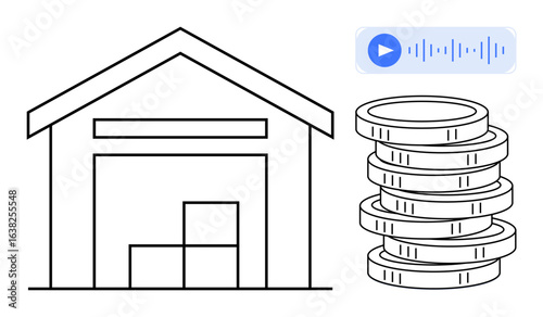 Warehouse with stacked boxes, audio playback symbol with waveforms, and coin stack. Ideal for logistics, finance, digital communication, commerce, inventory, savings and simple flat metaphor