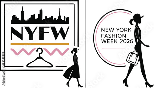 New york fashion week logos featuring a skyline, a hanger, and a woman with a handbag