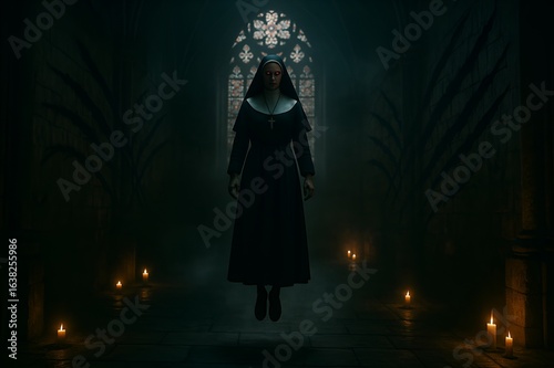 An eerie and cinematic image of a nun levitating in a dark, gothic church hallway with candles and a stained-glass window