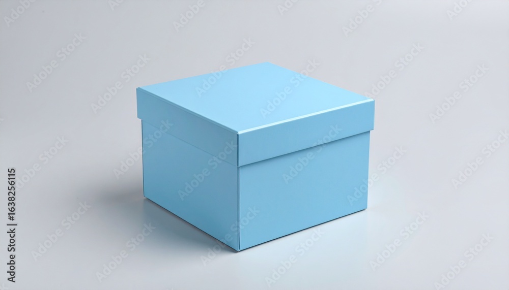 Fototapeta premium Light blue square gift box with a lid on a simple gray studio background.