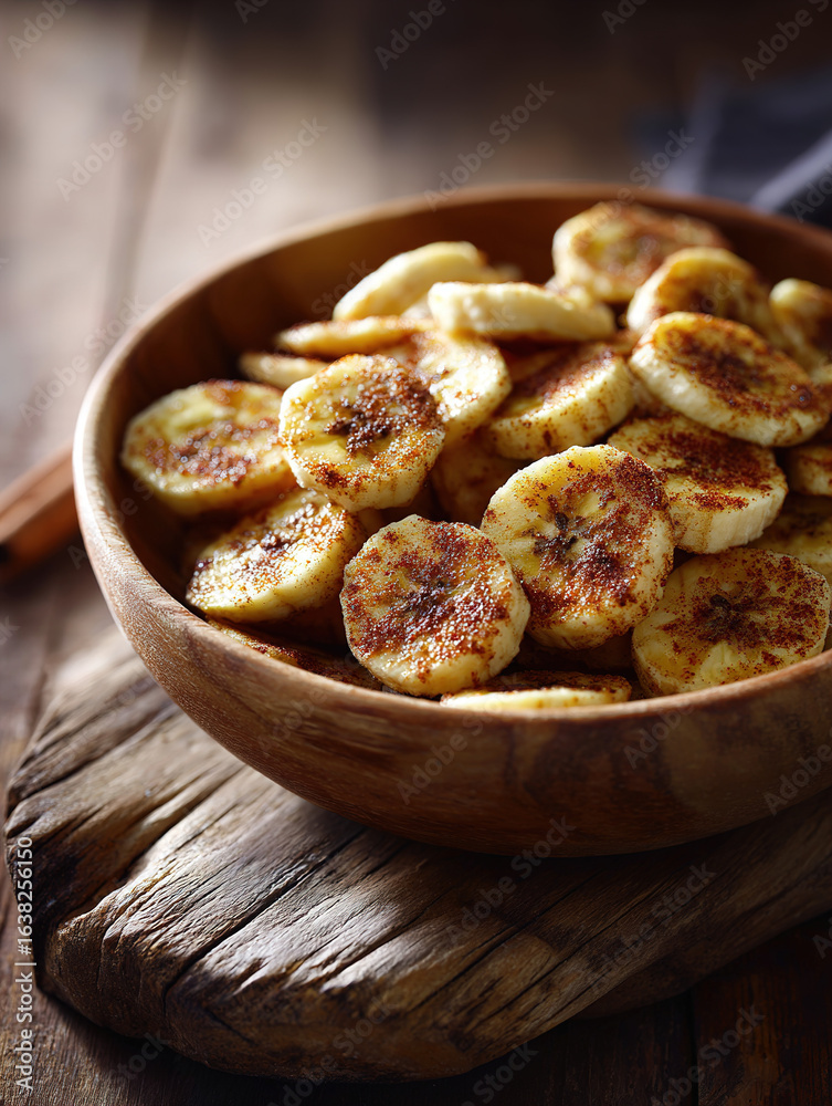 Appetizing Bowl of Homemade Dried Banana Chips on Wooden Table Appetizing Bowl of Homemade Dried Banana Chips on Wooden Table