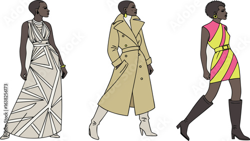 Three women in stylish outfits showcase fashion trends with a light background illustration style