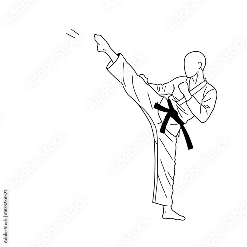 A minimalist line art illustration of a martial artist with a black belt executing a high kick.