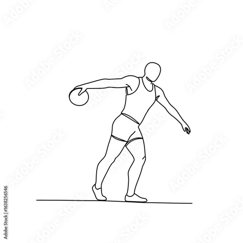 A single continuous line drawing of a male athlete preparing to throw a discus.