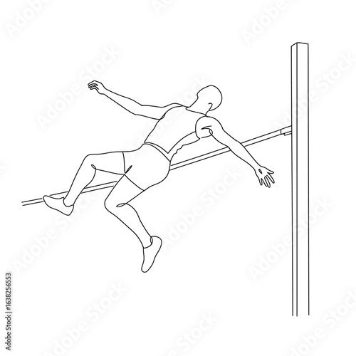 A minimalist line art illustration of a male athlete clearing the bar during a high jump event.