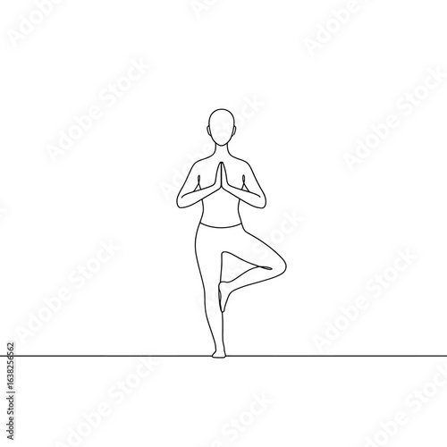 A continuous one-line drawing of a person in the yoga tree pose, balancing on one leg with hands in a prayer position.