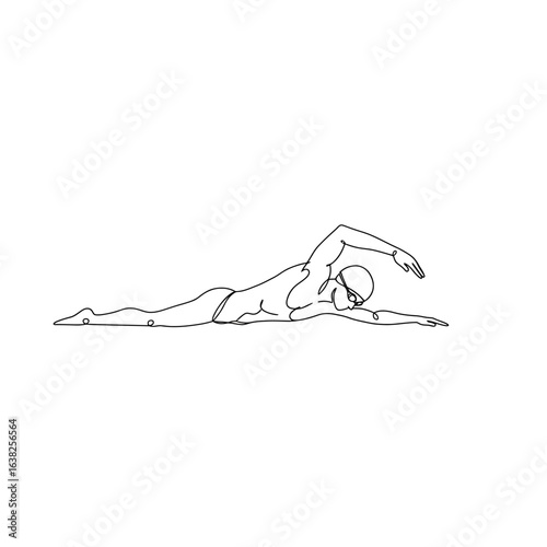 A continuous one-line drawing of a professional swimmer executing the freestyle stroke.