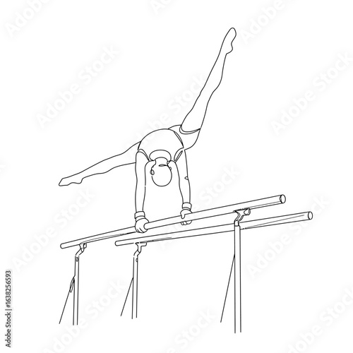 A female gymnast performs a handstand split on the parallel bars in a minimalist line art style.