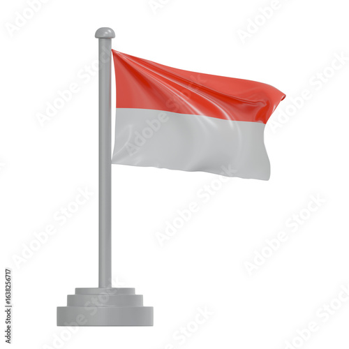 3D waving Indonesian flag on a silver pole, symbolizing national pride, independence, and patriotism, perfect for events, designs, and celebrations.