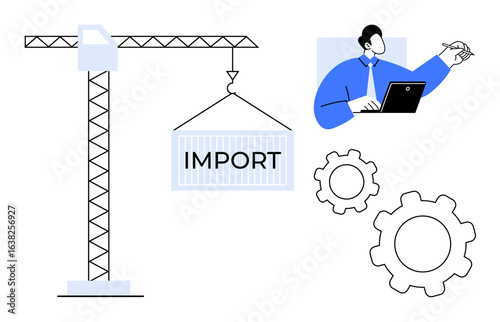Crane hoisting import container, professional managing processes on laptop, gear icons symbolizing workflow. Ideal for trade, supply chain, international business, teamwork, imports, management