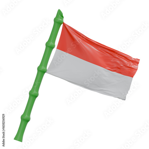 3D crossed Indonesian flags on green bamboo poles, symbolizing unity, independence, and national pride, perfect for celebrations and patriotic designs.