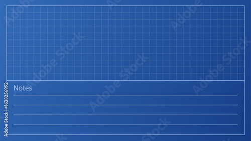 Blueprint bg with graph grid and notes area on blue paper sheet. This blueprint vector background is suitable for architecture plans, construction charts, and recorded project details.
