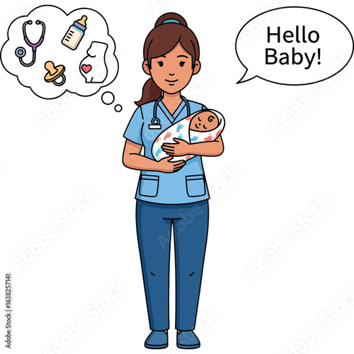 Maternity nurse holding a newborn baby and thinking of infant care essentials. Concept of pediatric and obstetrical healthcare.