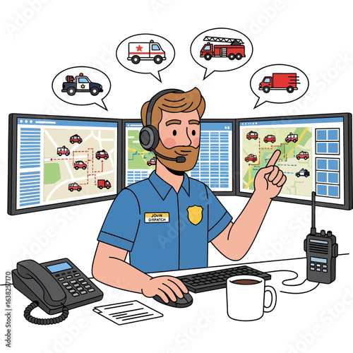 Professional emergency dispatcher at a command center coordinating police, fire, and ambulance services. Vector illustration of a public safety concept.