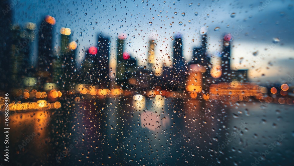 Obraz premium Rain-streaked window reveals a blurred, nighttime cityscape of towering buildings and glowing lights reflected in water