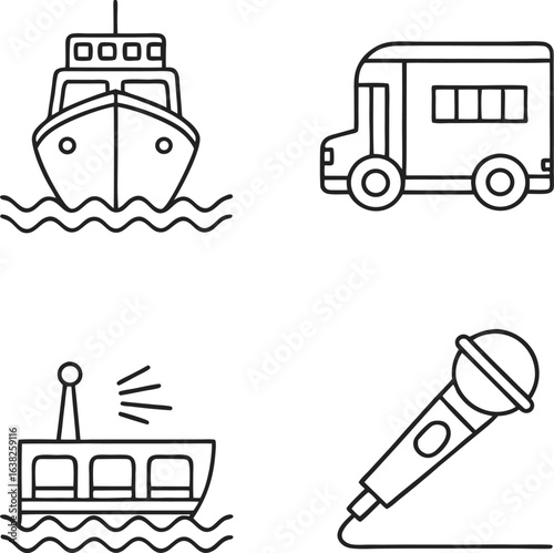 Icon of boat, bus, mic and network for graphic design.eps