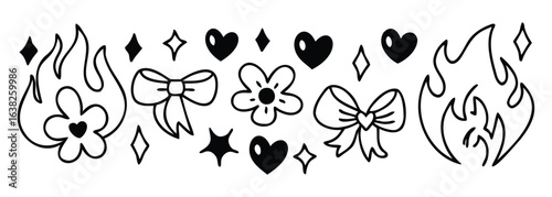 Cute Hearts and Flames Doodle Set – Black and White Sketch Icons