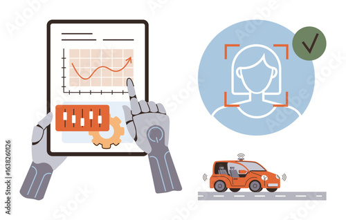 Robotic hands analyze graphs on a tablet, facial recognition identifies a user, and a driverless car moves autonomously. Ideal for AI, automation, innovation, technology, robotics, data science