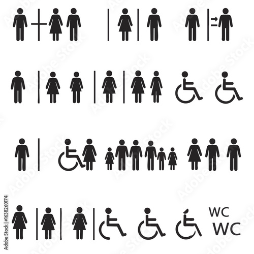 Universal toilet and WC sign icon set. Vector symbols for male, female, disabled, unisex, and family restrooms on a white background.