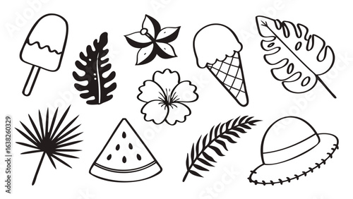  Nature and Summer Icon Doodle Set – Black and White Hand-Drawn Style
