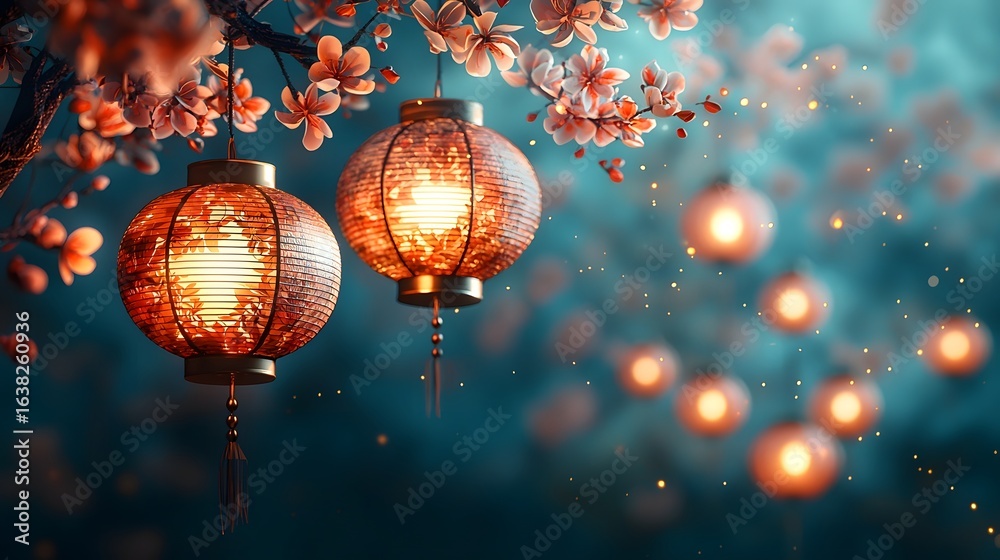 Fototapeta premium Glowing lanterns and blooming flowers in a serene festive atmosphere