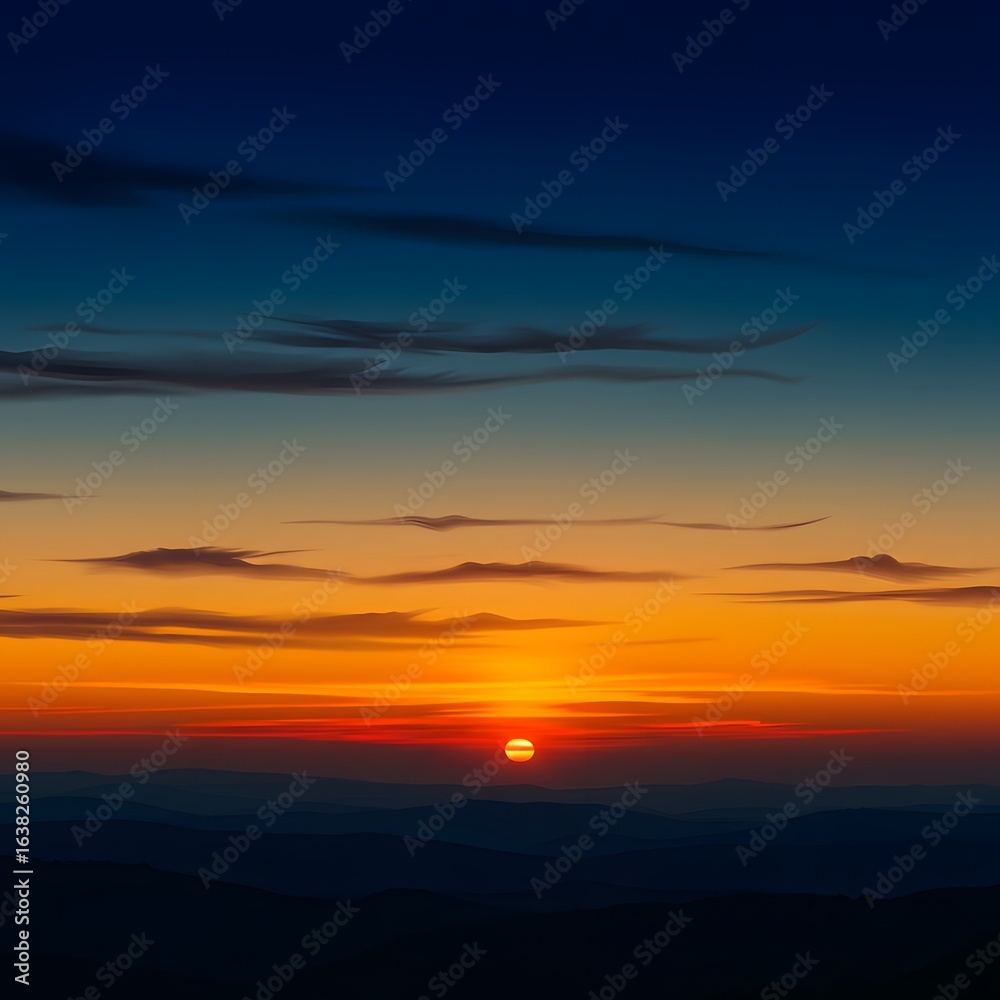 Fototapeta premium Vibrant sunset over layered mountain silhouettes with a dramatic deep blue and fiery orange sky.
